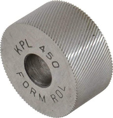 Made in USA - 3/4" Diam, 70° Tooth Angle, 50 TPI, Standard (Shape), Form Type High Speed Steel Left-Hand Diagonal Knurl Wheel - 3/8" Face Width, 1/4" Hole, Circular Pitch, 30° Helix, Bright Finish, Series KP - Exact Tool & Supply