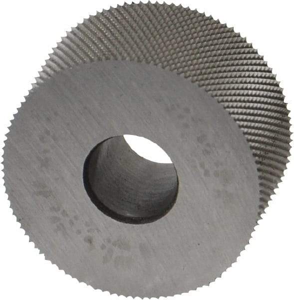 Made in USA - 3/4" Diam, 70° Tooth Angle, 50 TPI, Standard (Shape), Form Type High Speed Steel Male Diamond Knurl Wheel - 3/8" Face Width, 1/4" Hole, Circular Pitch, 30° Helix, Bright Finish, Series KP - Exact Tool & Supply