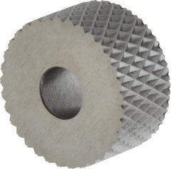 Made in USA - 3/4" Diam, 90° Tooth Angle, 16 TPI, Standard (Shape), Form Type High Speed Steel Female Diamond Knurl Wheel - 3/8" Face Width, 1/4" Hole, Circular Pitch, 30° Helix, Bright Finish, Series KP - Exact Tool & Supply