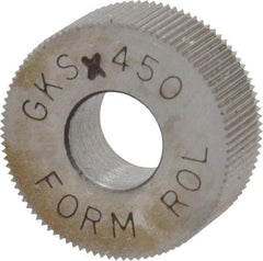 Made in USA - 5/8" Diam, 70° Tooth Angle, 50 TPI, Standard (Shape), Form Type Cobalt Straight Knurl Wheel - 1/4" Face Width, 1/4" Hole, Circular Pitch, Bright Finish, Series GK - Exact Tool & Supply