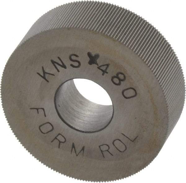Made in USA - 3/4" Diam, 70° Tooth Angle, 80 TPI, Standard (Shape), Form Type Cobalt Straight Knurl Wheel - 1/4" Face Width, 1/4" Hole, Circular Pitch, Bright Finish, Series KN - Exact Tool & Supply