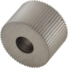 Made in USA - 3/4" Diam, 90° Tooth Angle, 25 TPI, Standard (Shape), Form Type High Speed Steel Straight Knurl Wheel - 1/2" Face Width, 1/4" Hole, Circular Pitch, Bright Finish, Series KR - Exact Tool & Supply