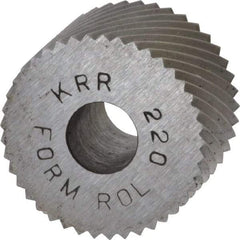 Made in USA - 3/4" Diam, 90° Tooth Angle, 20 TPI, Standard (Shape), Form Type High Speed Steel Right-Hand Diagonal Knurl Wheel - 1/2" Face Width, 1/4" Hole, Circular Pitch, 30° Helix, Bright Finish, Series KR - Exact Tool & Supply