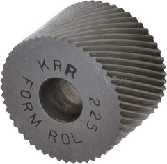 Made in USA - 3/4" Diam, 90° Tooth Angle, 25 TPI, Standard (Shape), Form Type High Speed Steel Right-Hand Diagonal Knurl Wheel - 1/2" Face Width, 1/4" Hole, Circular Pitch, 30° Helix, Bright Finish, Series KR - Exact Tool & Supply