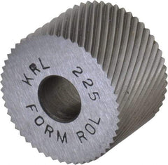 Made in USA - 3/4" Diam, 90° Tooth Angle, 25 TPI, Standard (Shape), Form Type High Speed Steel Left-Hand Diagonal Knurl Wheel - 1/2" Face Width, 1/4" Hole, Circular Pitch, 30° Helix, Bright Finish, Series KR - Exact Tool & Supply
