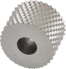 Made in USA - 3/4" Diam, 90° Tooth Angle, 16 TPI, Standard (Shape), Form Type High Speed Steel Male Diamond Knurl Wheel - 1/2" Face Width, 1/4" Hole, Circular Pitch, 30° Helix, Bright Finish, Series KR - Exact Tool & Supply