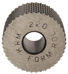 Made in USA - 3/4" Diam, 90° Tooth Angle, 20 TPI, Standard (Shape), Form Type High Speed Steel Male Diamond Knurl Wheel - 1/2" Face Width, 1/4" Hole, Circular Pitch, 30° Helix, Bright Finish, Series KR - Exact Tool & Supply