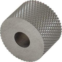 Made in USA - 3/4" Diam, 90° Tooth Angle, 25 TPI, Standard (Shape), Form Type High Speed Steel Female Diamond Knurl Wheel - 1/2" Face Width, 1/4" Hole, Circular Pitch, 30° Helix, Bright Finish, Series KR - Exact Tool & Supply