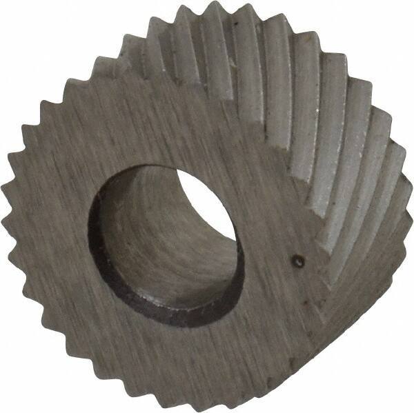 Made in USA - 5/16" Diam, 80° Tooth Angle, Standard (Shape), Form Type Cobalt Left-Hand Diagonal Knurl Wheel - 5/32" Face Width, 1/8" Hole, 96 Diametral Pitch, 30° Helix, Bright Finish, Series BP - Exact Tool & Supply
