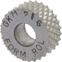 Made in USA - 5/8" Diam, 90° Tooth Angle, 16 TPI, Standard (Shape), Form Type High Speed Steel Male Diamond Knurl Wheel - 1/4" Face Width, 1/4" Hole, Circular Pitch, 30° Helix, Bright Finish, Series GK - Exact Tool & Supply