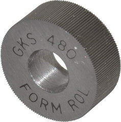 Made in USA - 5/8" Diam, 70° Tooth Angle, 80 TPI, Standard (Shape), Form Type High Speed Steel Straight Knurl Wheel - 1/4" Face Width, 1/4" Hole, Circular Pitch, Bright Finish, Series GK - Exact Tool & Supply