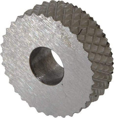 Made in USA - 3/4" Diam, 90° Tooth Angle, 16 TPI, Standard (Shape), Form Type High Speed Steel Male Diamond Knurl Wheel - 1/4" Face Width, 1/4" Hole, Circular Pitch, 30° Helix, Bright Finish, Series KN - Exact Tool & Supply