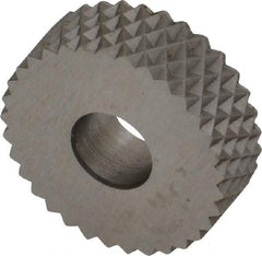 Made in USA - 3/4" Diam, 90° Tooth Angle, 16 TPI, Standard (Shape), Form Type High Speed Steel Female Diamond Knurl Wheel - 1/4" Face Width, 1/4" Hole, Circular Pitch, 30° Helix, Bright Finish, Series KN - Exact Tool & Supply
