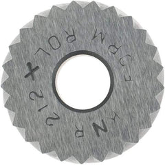 Made in USA - 3/4" Diam, 90° Tooth Angle, 12 TPI, Standard (Shape), Form Type Cobalt Right-Hand Diagonal Knurl Wheel - 1/4" Face Width, 1/4" Hole, Circular Pitch, 30° Helix, Bright Finish, Series KN - Exact Tool & Supply