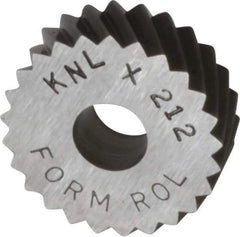 Made in USA - 3/4" Diam, 90° Tooth Angle, 12 TPI, Standard (Shape), Form Type Cobalt Left-Hand Diagonal Knurl Wheel - 1/4" Face Width, 1/4" Hole, Circular Pitch, 30° Helix, Bright Finish, Series KN - Exact Tool & Supply