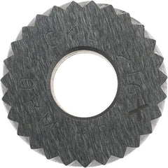 Made in USA - 5/8" Diam, 90° Tooth Angle, 16 TPI, Standard (Shape), Form Type Cobalt Left-Hand Diagonal Knurl Wheel - 1/4" Face Width, 1/4" Hole, Circular Pitch, 30° Helix, Bright Finish, Series GK - Exact Tool & Supply