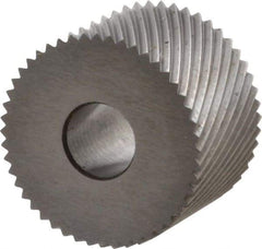 Made in USA - 3/4" Diam, 80° Tooth Angle, Standard (Shape), Form Type High Speed Steel Left-Hand Diagonal Knurl Wheel - 1/2" Face Width, 1/4" Hole, 64 Diametral Pitch, 30° Helix, Bright Finish, Series KR - Exact Tool & Supply