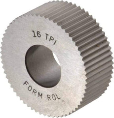 Made in USA - 1-1/4" Diam, 90° Tooth Angle, 16 TPI, Standard (Shape), Form Type High Speed Steel Straight Knurl Wheel - 1/2" Face Width, 1/2" Hole, Circular Pitch, Bright Finish, Series PH - Exact Tool & Supply