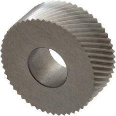 Made in USA - 1-1/4" Diam, 90° Tooth Angle, 16 TPI, Standard (Shape), Form Type High Speed Steel Right-Hand Diagonal Knurl Wheel - 1/2" Face Width, 1/2" Hole, Circular Pitch, 30° Helix, Bright Finish, Series PH - Exact Tool & Supply