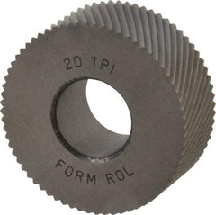 Made in USA - 1-1/4" Diam, 90° Tooth Angle, 20 TPI, Standard (Shape), Form Type High Speed Steel Left-Hand Diagonal Knurl Wheel - 1/2" Face Width, 1/2" Hole, Circular Pitch, 30° Helix, Bright Finish, Series PH - Exact Tool & Supply