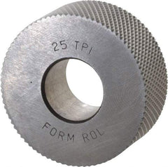 Made in USA - 1-1/4" Diam, 90° Tooth Angle, 25 TPI, Standard (Shape), Form Type High Speed Steel Female Diamond Knurl Wheel - 1/2" Face Width, 1/2" Hole, Circular Pitch, 30° Helix, Bright Finish, Series PH - Exact Tool & Supply