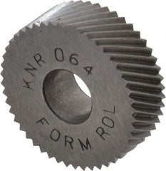 Made in USA - 3/4" Diam, 80° Tooth Angle, Standard (Shape), Form Type High Speed Steel Right-Hand Diagonal Knurl Wheel - 1/4" Face Width, 1/4" Hole, 64 Diametral Pitch, 30° Helix, Bright Finish, Series KN - Exact Tool & Supply
