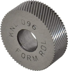 Made in USA - 3/4" Diam, 80° Tooth Angle, Standard (Shape), Form Type High Speed Steel Left-Hand Diagonal Knurl Wheel - 1/4" Face Width, 1/4" Hole, 96 Diametral Pitch, 30° Helix, Bright Finish, Series KN - Exact Tool & Supply