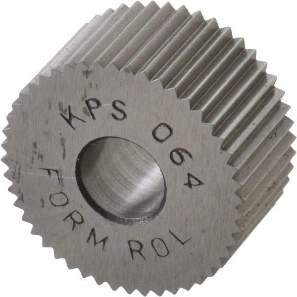 Made in USA - 3/4" Diam, 80° Tooth Angle, Standard (Shape), Form Type High Speed Steel Straight Knurl Wheel - 3/8" Face Width, 1/4" Hole, 64 Diametral Pitch, Bright Finish, Series KP - Exact Tool & Supply