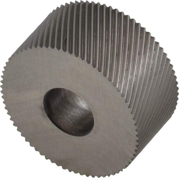 Made in USA - 3/4" Diam, 80° Tooth Angle, Standard (Shape), Form Type High Speed Steel Left-Hand Diagonal Knurl Wheel - 3/8" Face Width, 1/4" Hole, 96 Diametral Pitch, 30° Helix, Bright Finish, Series KP - Exact Tool & Supply