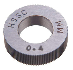 Made in USA - 21.5mm Diam, 90° Tooth Angle, 16 TPI, Standard (Shape), Cut Type Cobalt Left-Hand Diagonal Knurl Wheel - 5mm Face Width, 8mm Hole, Circular Pitch, 30° Helix, Bright Finish, Series CC - Exact Tool & Supply