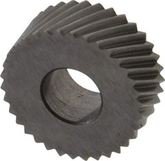 Made in USA - 5/8" Diam, 90° Tooth Angle, 20 TPI, Standard (Shape), Form Type Cobalt Right-Hand Diagonal Knurl Wheel - 1/4" Face Width, 1/4" Hole, Circular Pitch, 30° Helix, Bright Finish, Series GK - Exact Tool & Supply