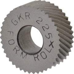 Made in USA - 5/8" Diam, 90° Tooth Angle, 25 TPI, Standard (Shape), Form Type Cobalt Right-Hand Diagonal Knurl Wheel - 1/4" Face Width, 1/4" Hole, Circular Pitch, 30° Helix, Bright Finish, Series GK - Exact Tool & Supply