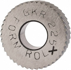 Made in USA - 5/8" Diam, 90° Tooth Angle, 35 TPI, Standard (Shape), Form Type Cobalt Right-Hand Diagonal Knurl Wheel - 1/4" Face Width, 1/4" Hole, Circular Pitch, 30° Helix, Bright Finish, Series GK - Exact Tool & Supply