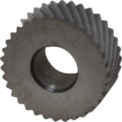 Made in USA - 5/8" Diam, 90° Tooth Angle, 20 TPI, Standard (Shape), Form Type Cobalt Left-Hand Diagonal Knurl Wheel - 1/4" Face Width, 1/4" Hole, Circular Pitch, 30° Helix, Bright Finish, Series GK - Exact Tool & Supply