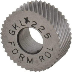 Made in USA - 5/8" Diam, 90° Tooth Angle, 25 TPI, Standard (Shape), Form Type Cobalt Left-Hand Diagonal Knurl Wheel - 1/4" Face Width, 1/4" Hole, Circular Pitch, 30° Helix, Bright Finish, Series GK - Exact Tool & Supply