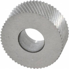 Made in USA - 5/8" Diam, 90° Tooth Angle, 35 TPI, Standard (Shape), Form Type Cobalt Left-Hand Diagonal Knurl Wheel - 1/4" Face Width, 1/4" Hole, Circular Pitch, 30° Helix, Bright Finish, Series GK - Exact Tool & Supply
