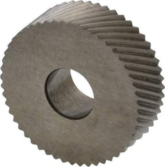 Made in USA - 3/4" Diam, 90° Tooth Angle, 25 TPI, Standard (Shape), Form Type Cobalt Right-Hand Diagonal Knurl Wheel - 1/4" Face Width, 1/4" Hole, Circular Pitch, 30° Helix, Bright Finish, Series KN - Exact Tool & Supply