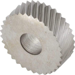 Made in USA - 3/4" Diam, 90° Tooth Angle, 16 TPI, Standard (Shape), Form Type Cobalt Left-Hand Diagonal Knurl Wheel - 1/4" Face Width, 1/4" Hole, Circular Pitch, 30° Helix, Bright Finish, Series KN - Exact Tool & Supply