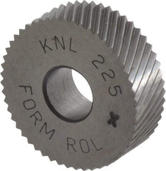 Made in USA - 3/4" Diam, 90° Tooth Angle, 25 TPI, Standard (Shape), Form Type Cobalt Left-Hand Diagonal Knurl Wheel - 1/4" Face Width, 1/4" Hole, Circular Pitch, 30° Helix, Bright Finish, Series KN - Exact Tool & Supply