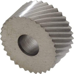 Made in USA - 3/4" Diam, 90° Tooth Angle, 16 TPI, Standard (Shape), Form Type Cobalt Right-Hand Diagonal Knurl Wheel - 3/8" Face Width, 1/4" Hole, Circular Pitch, 30° Helix, Bright Finish, Series KP - Exact Tool & Supply