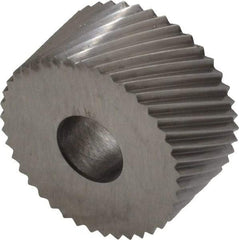 Made in USA - 3/4" Diam, 90° Tooth Angle, 20 TPI, Standard (Shape), Form Type Cobalt Right-Hand Diagonal Knurl Wheel - 3/8" Face Width, 1/4" Hole, Circular Pitch, 30° Helix, Bright Finish, Series KP - Exact Tool & Supply