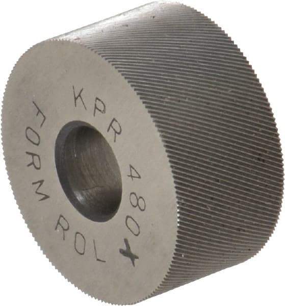 Made in USA - 3/4" Diam, 70° Tooth Angle, 80 TPI, Standard (Shape), Form Type Cobalt Right-Hand Diagonal Knurl Wheel - 3/8" Face Width, 1/4" Hole, Circular Pitch, 30° Helix, Bright Finish, Series KP - Exact Tool & Supply