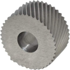 Made in USA - 3/4" Diam, 90° Tooth Angle, 20 TPI, Standard (Shape), Form Type Cobalt Left-Hand Diagonal Knurl Wheel - 3/8" Face Width, 1/4" Hole, Circular Pitch, 30° Helix, Bright Finish, Series KP - Exact Tool & Supply