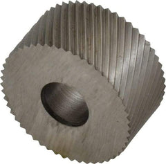 Made in USA - 3/4" Diam, 90° Tooth Angle, 25 TPI, Standard (Shape), Form Type Cobalt Left-Hand Diagonal Knurl Wheel - 3/8" Face Width, 1/4" Hole, Circular Pitch, 30° Helix, Bright Finish, Series KP - Exact Tool & Supply