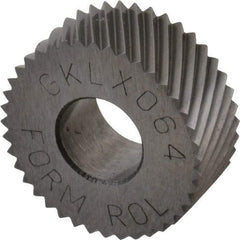 Made in USA - 5/8" Diam, 80° Tooth Angle, Standard (Shape), Form Type Cobalt Left-Hand Diagonal Knurl Wheel - 1/4" Face Width, 1/4" Hole, 64 Diametral Pitch, 30° Helix, Bright Finish, Series GK - Exact Tool & Supply