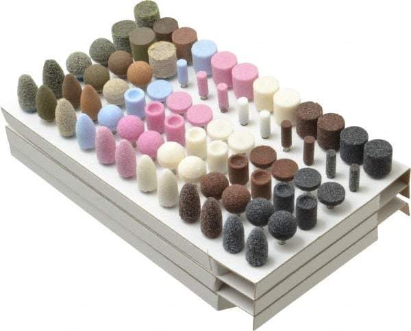 Grier Abrasives - 72 Piece Aluminum Oxide Vitrified Mounted Stone Abrasive Point Set - Includes Shapes B & W, Coarse, Medium & Fine Grade, 1/8" Diam x 1-1/2" Long Shank - Exact Tool & Supply