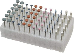 Grier Abrasives - 72 Piece Aluminum Oxide Vitrified Mounted Stone Abrasive Point Set - Fine Grade, 3/32" Diam x 1-1/2" Long Shank - Exact Tool & Supply