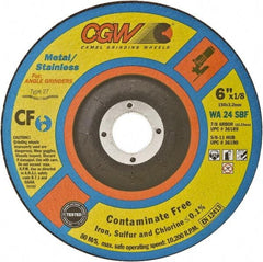 Camel Grinding Wheels - 24 Grit, 6" Wheel Diam, 1/8" Wheel Thickness, Type 27 Depressed Center Wheel - Coarse Grade, Aluminum Oxide, Resinoid Bond, 10,200 Max RPM - Exact Tool & Supply