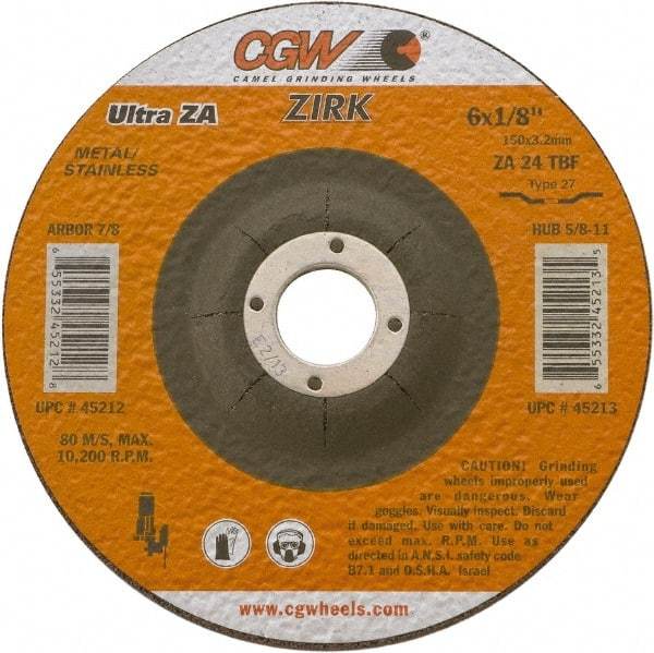 Camel Grinding Wheels - 24 Grit, 4" Wheel Diam, 1/8" Wheel Thickness, 3/8" Arbor Hole, Type 27 Depressed Center Wheel - Coarse Grade, Zirconia Alumina, Resinoid Bond, 15,300 Max RPM - Exact Tool & Supply