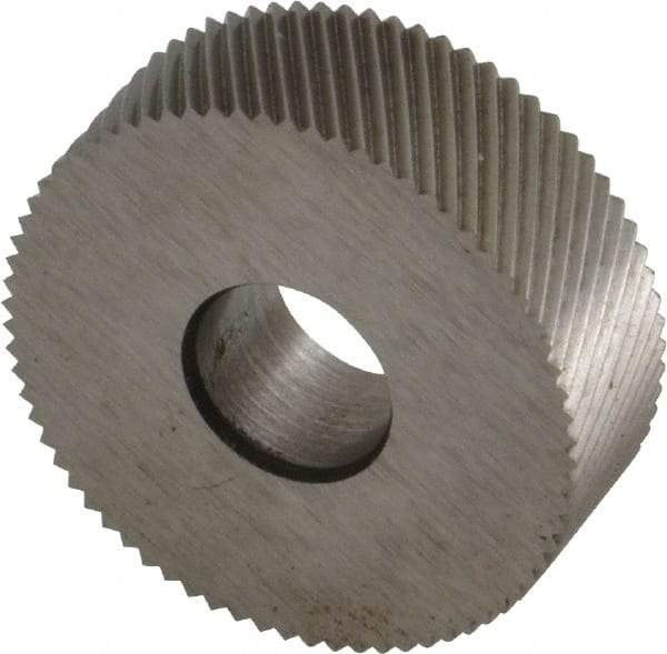 Made in USA - 3/4" Diam, 80° Tooth Angle, Standard (Shape), Form Type Cobalt Left-Hand Diagonal Knurl Wheel - 1/4" Face Width, 1/4" Hole, 96 Diametral Pitch, 30° Helix, Bright Finish, Series KN - Exact Tool & Supply